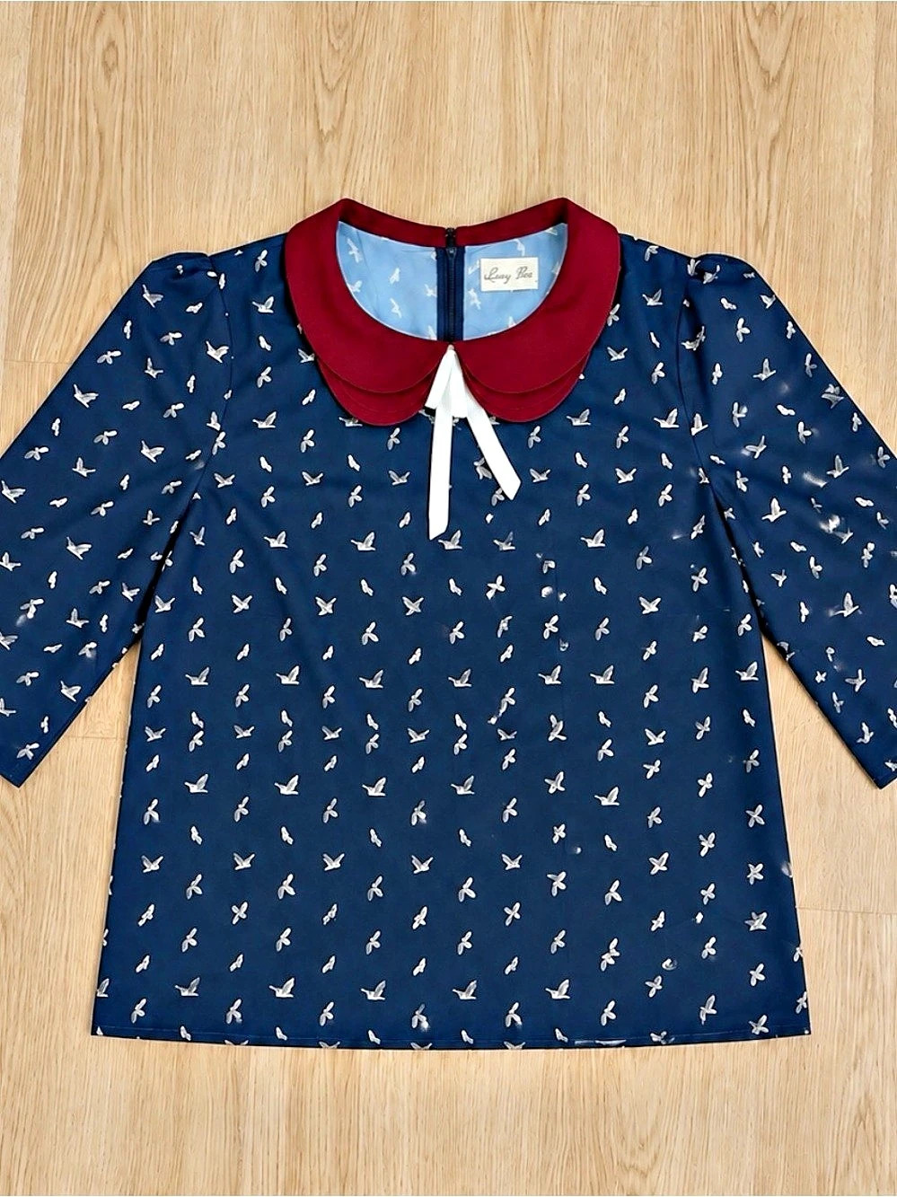 Lindy Bop Paighton Night Owls Blouse in Blue/gray & Burgundy